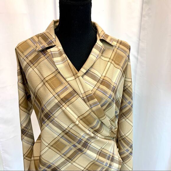 LAUREN Ralph Lauren tan brown plaid check wrap blouse Sz S - Picture 4 of 12